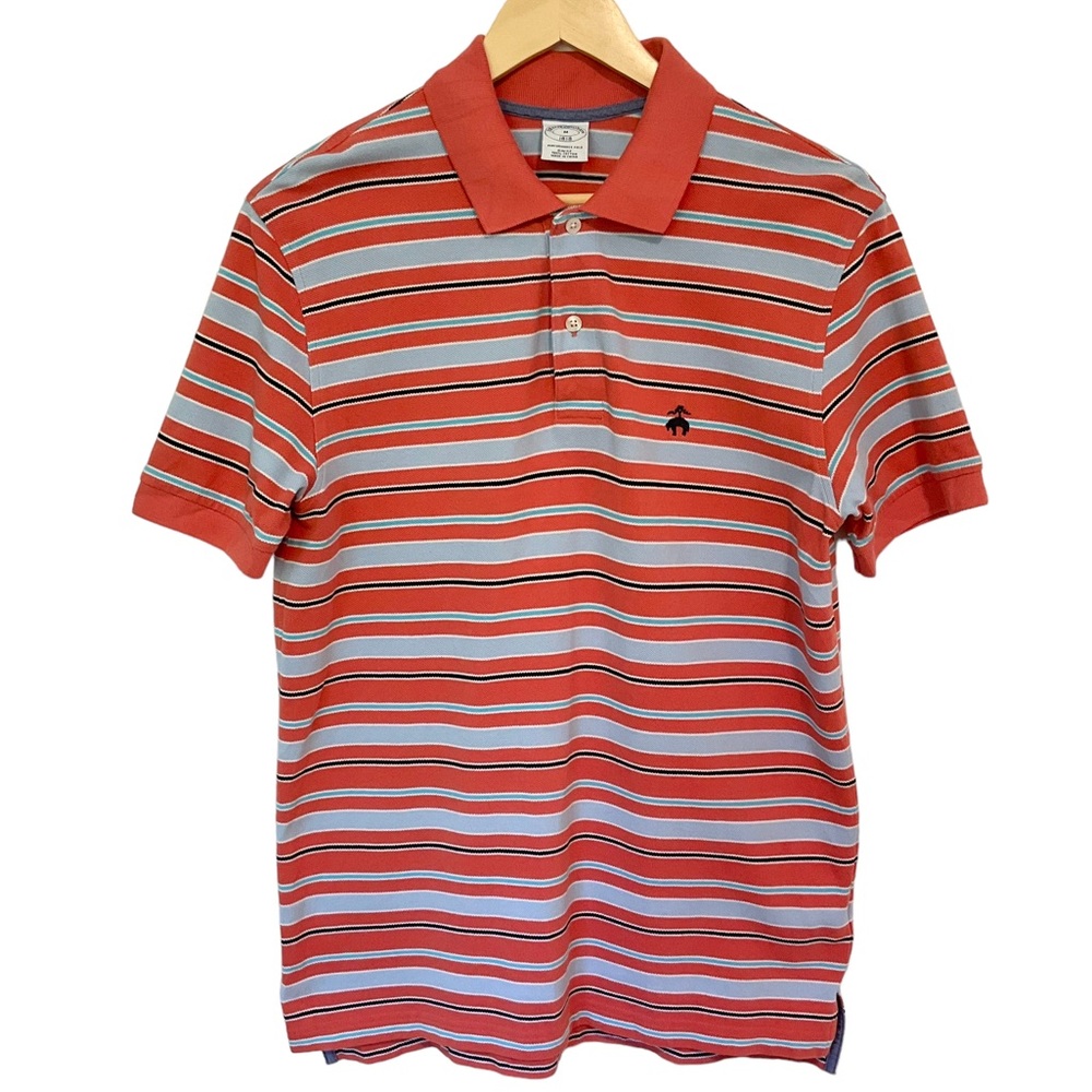 Brooks Brothers Slim Fit Performance Polo Salmon Blue Striped Short Slee…